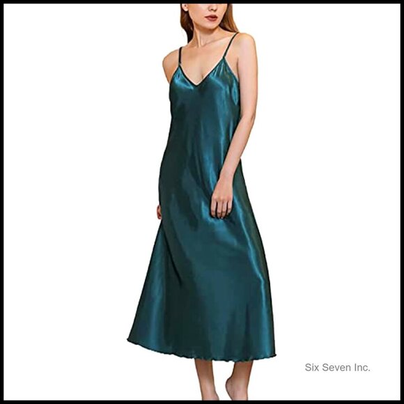 Satin Nightgown Long Slip Dress V Neck Adjustable Straps Elegant Sleepwear - Picture 2 of 5